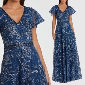 $798 Mac Duggal Size 16 Dark Navy Blue Silver Full Length A-Line Gown Maxi Dress